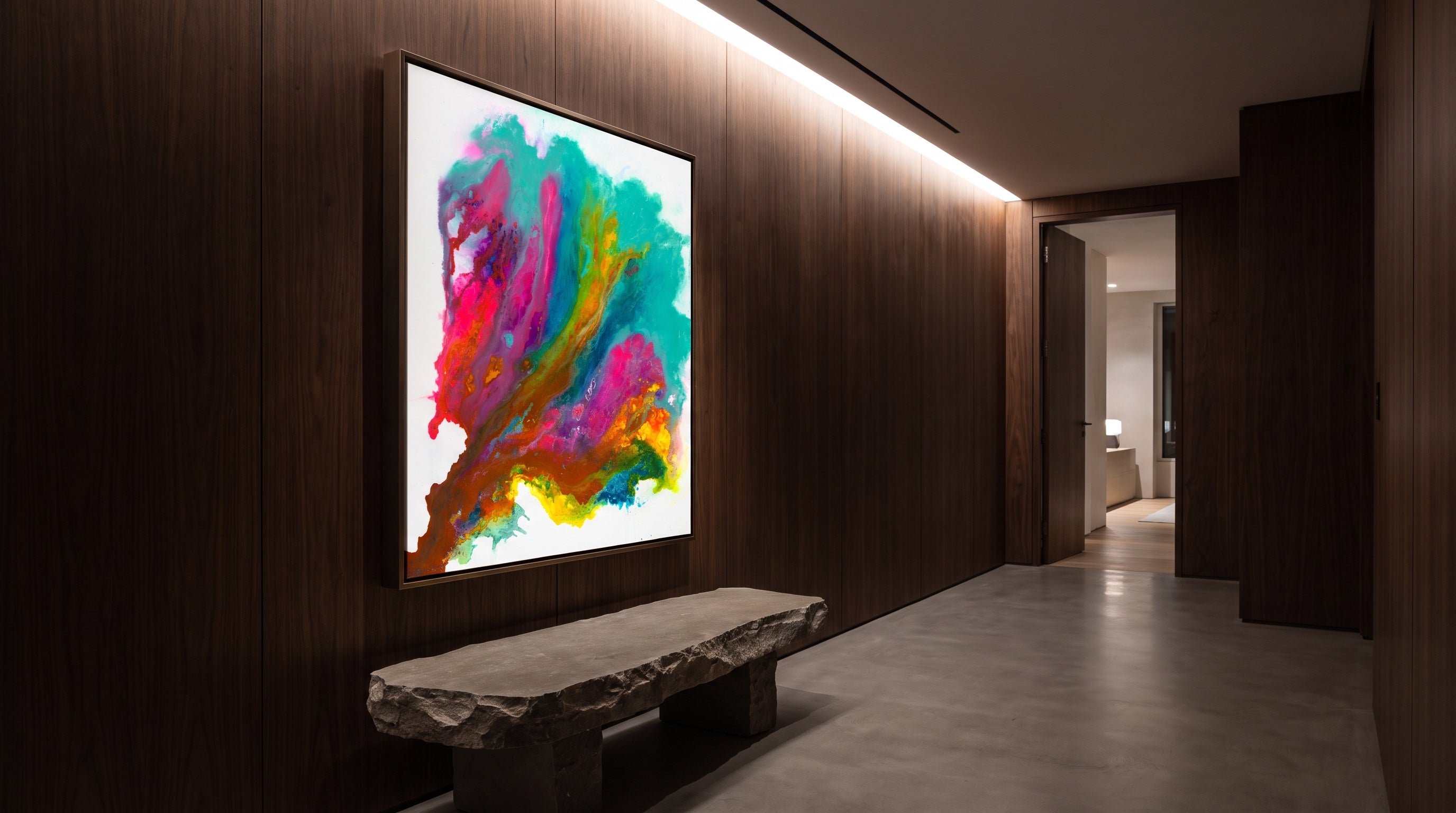 Colorful — 2026 original, 48 x 60 in, in a walnut gallery corridor, House of Moen
