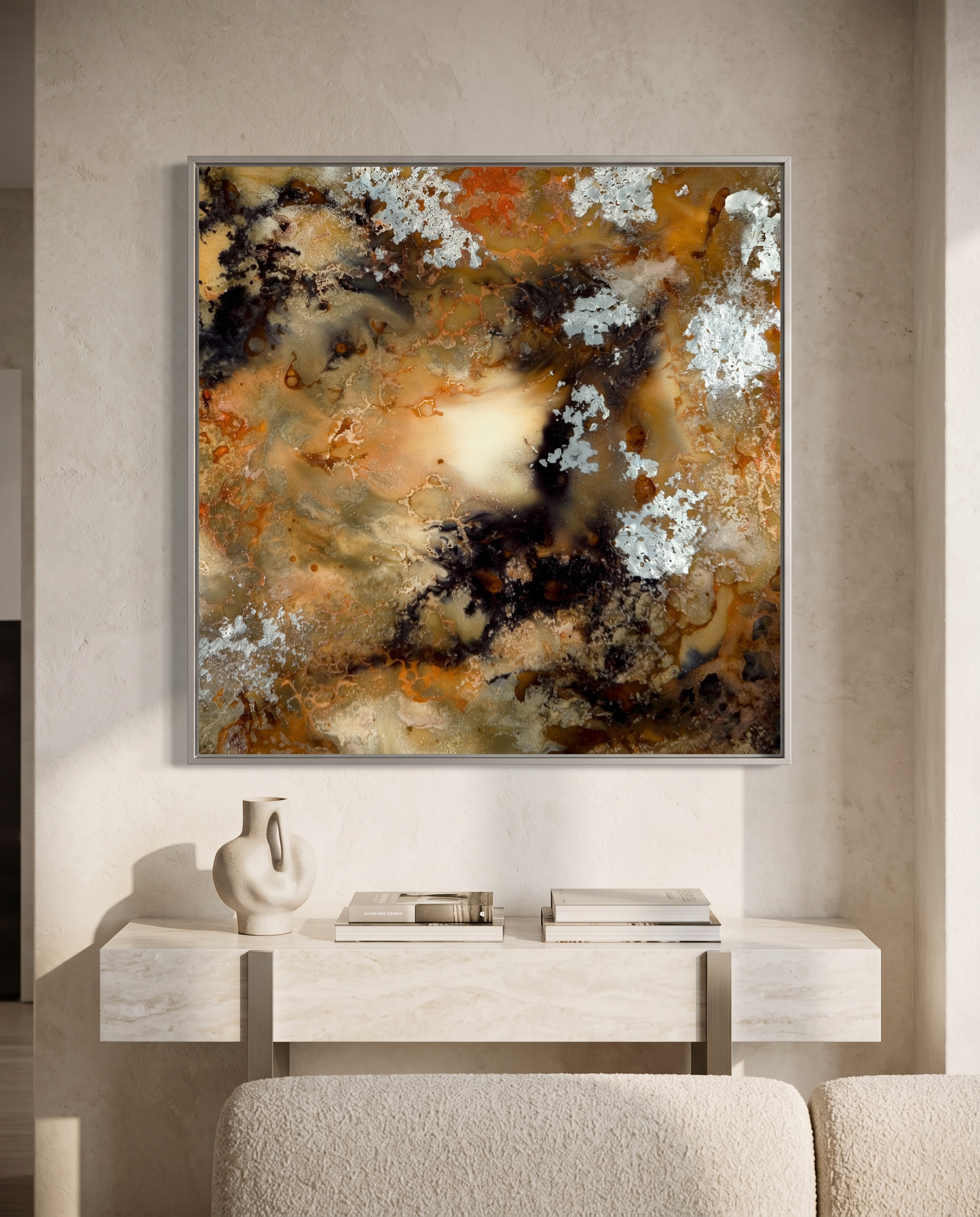 Hungry Ghosts acrylic print, matte, silver floater frame, modern luxury living room #Frame_Silver