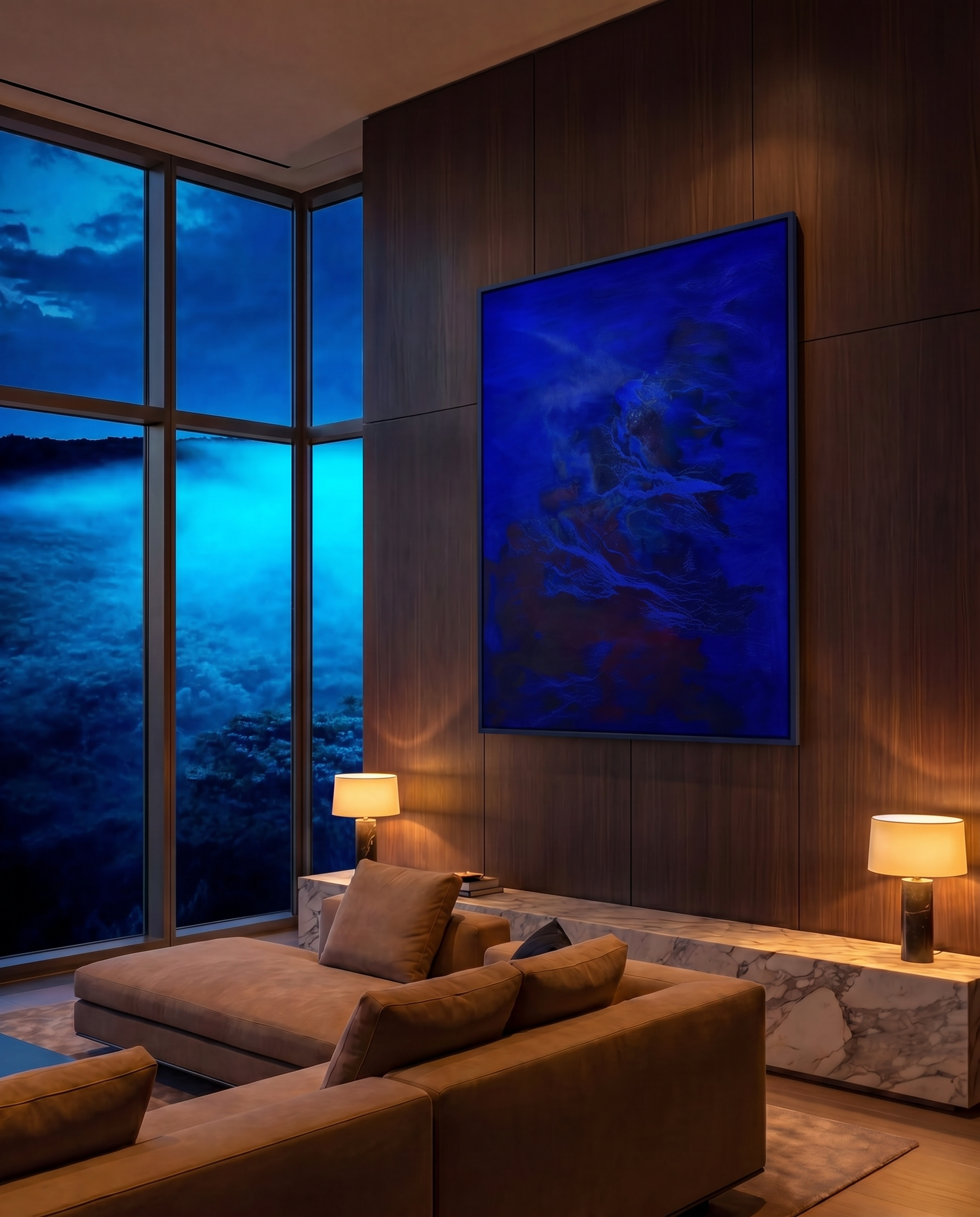 House of Moen — Blue original in situ on a paneled wall