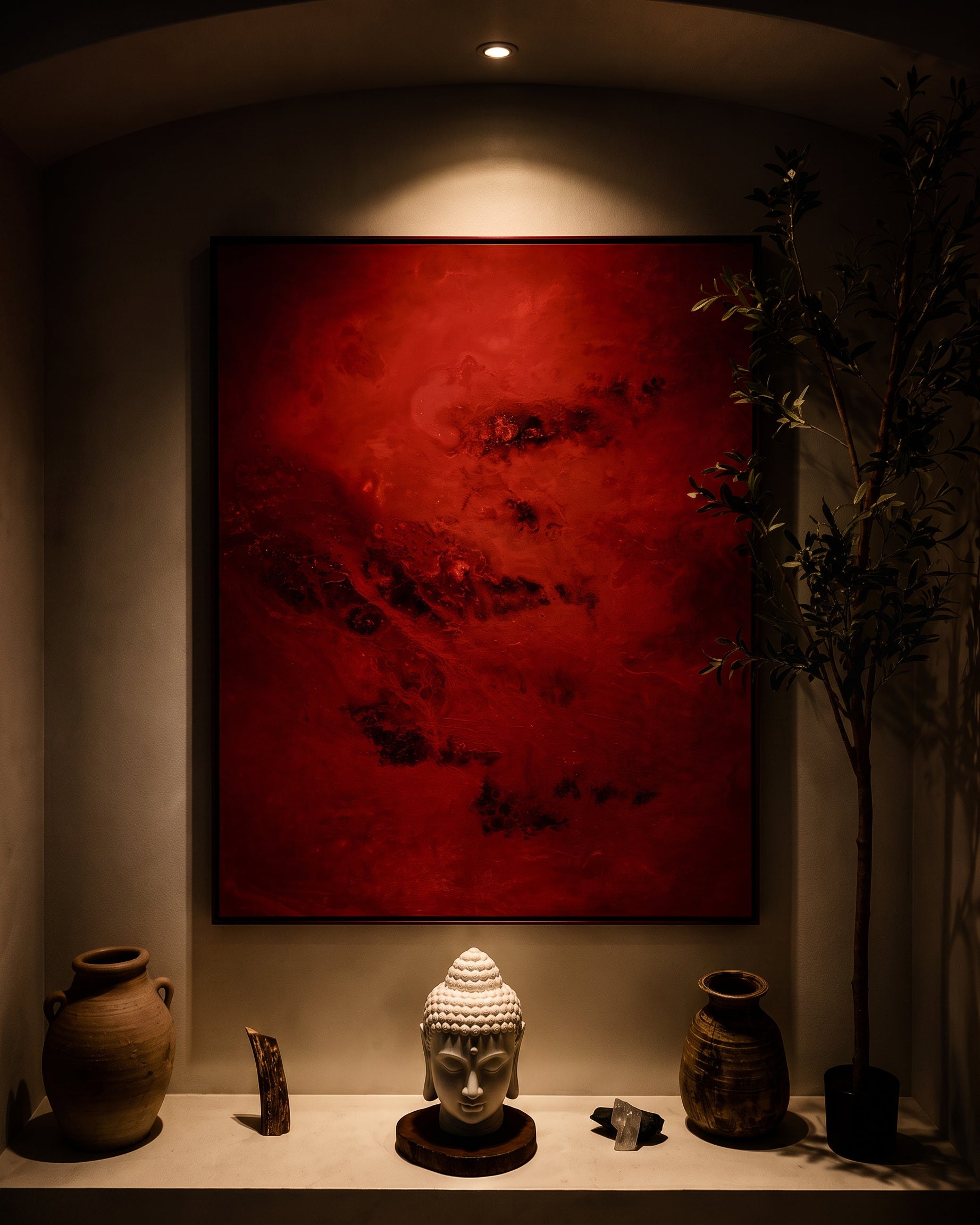 R3D by House of Moen — a 2026 original in its red crest frame, lit in a plaster niche