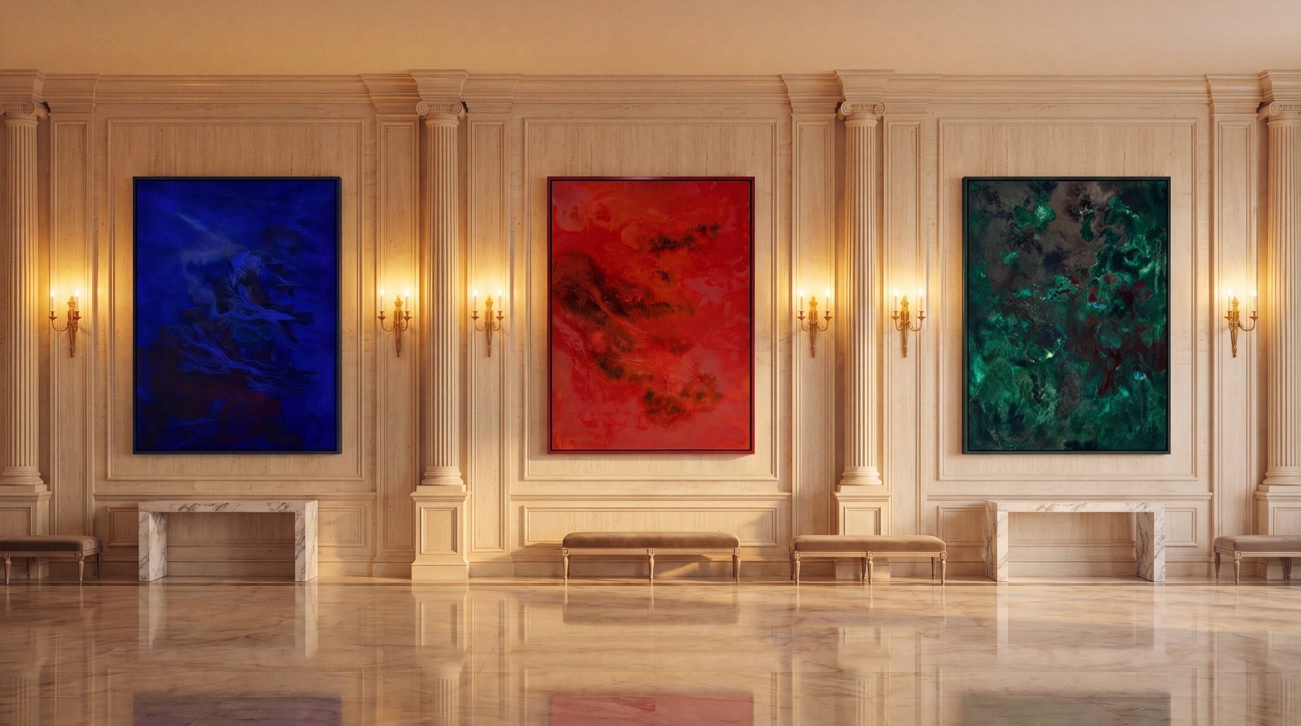 House of Moen Originals — 2026 blue, red and green pieces in a gallery hall