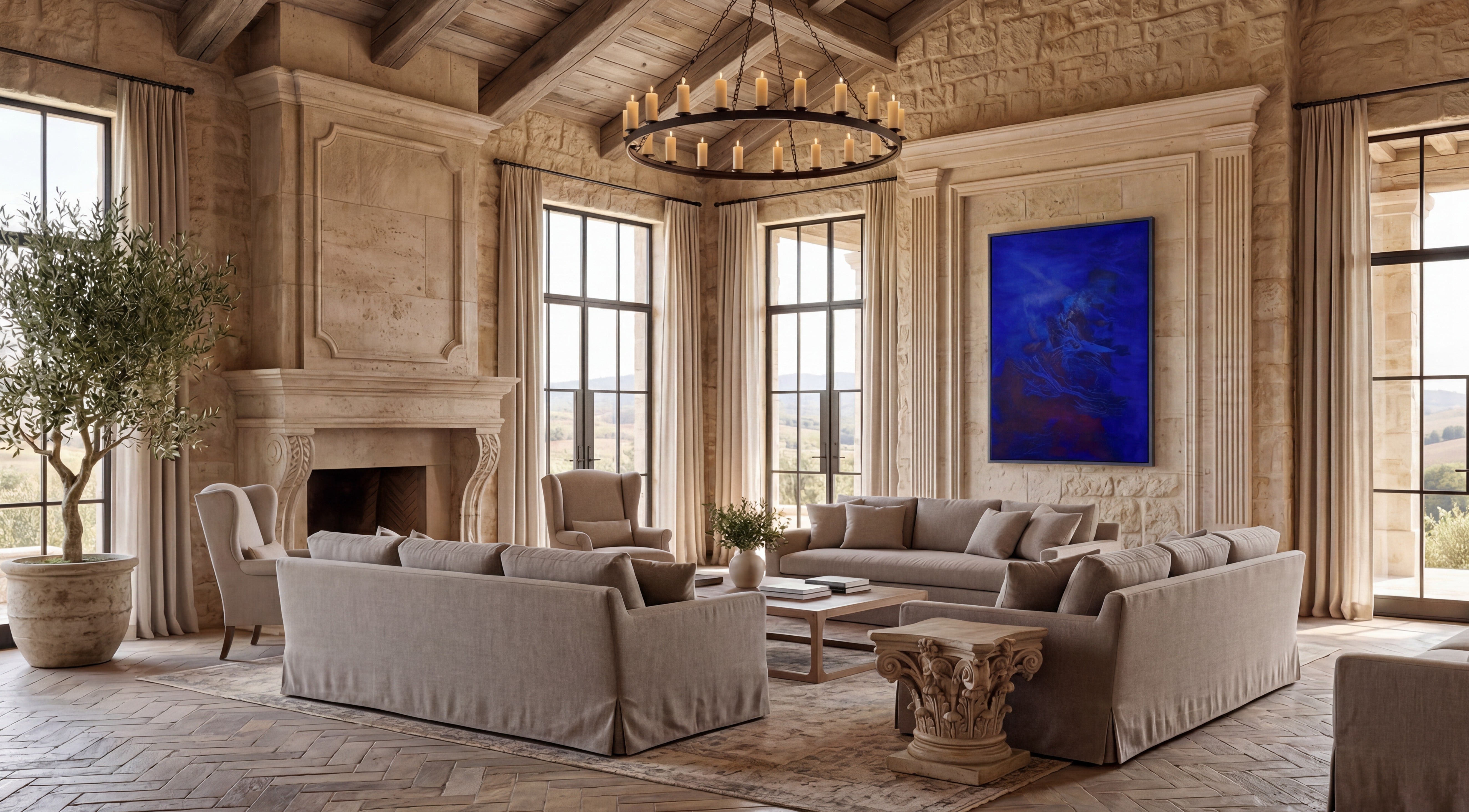 House of Moen — Blue, a 2026 original, in a Mediterranean stone great room