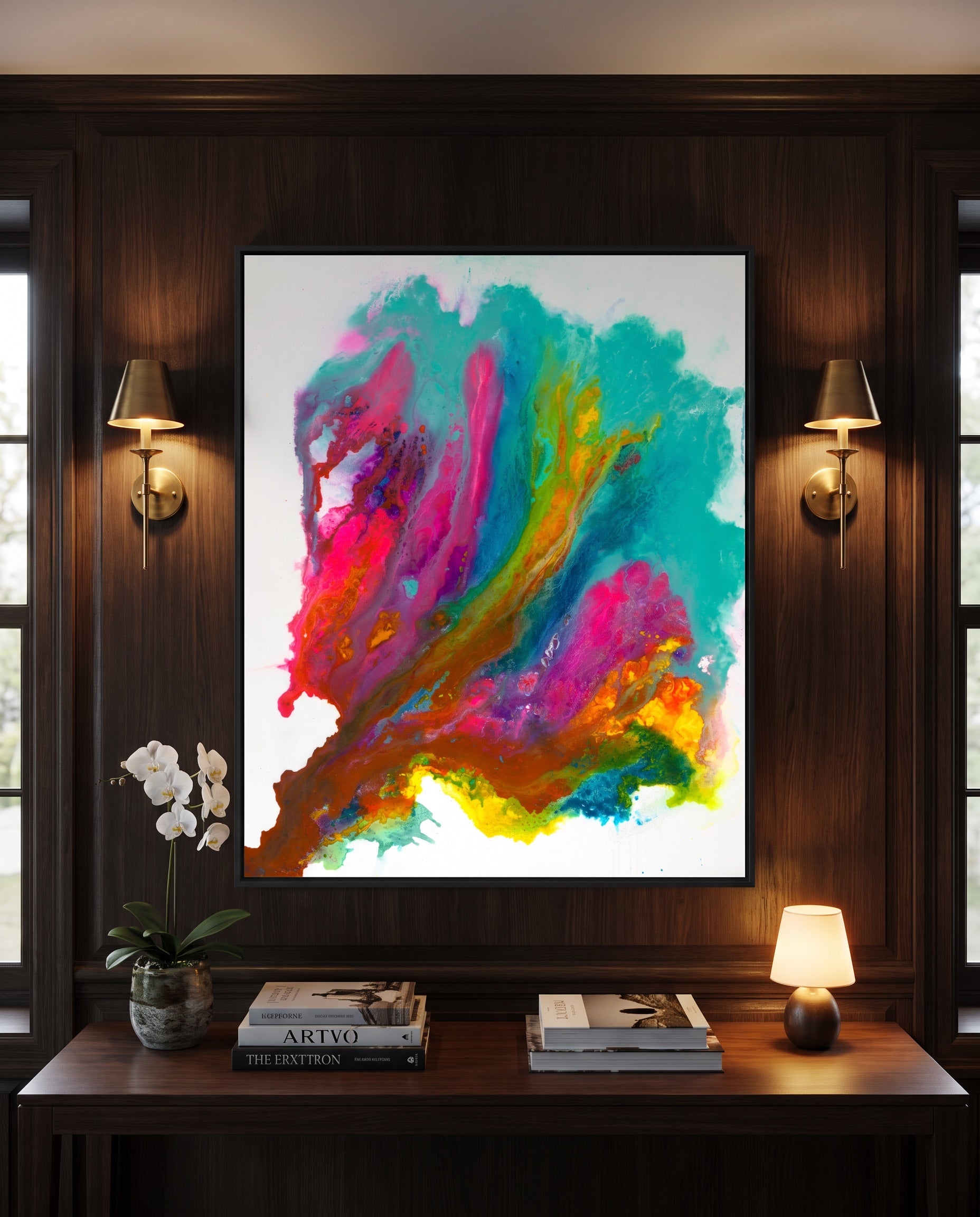 Colorful — 2026 original, 48 x 60 in, hand-embossed floater frame, in a walnut-panelled room, House of Moen