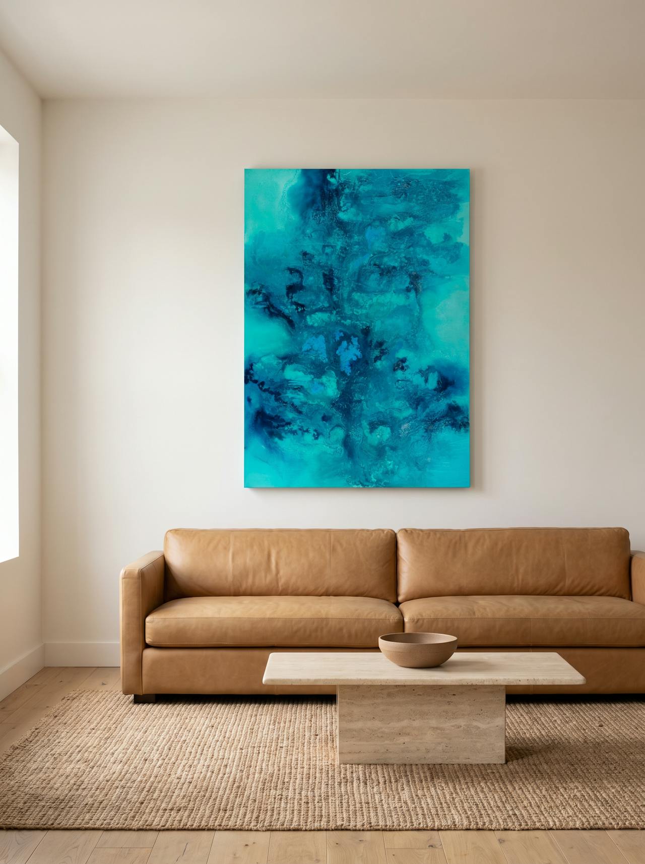Delta Teal — unframed gallery-wrapped canvas, shown in situ