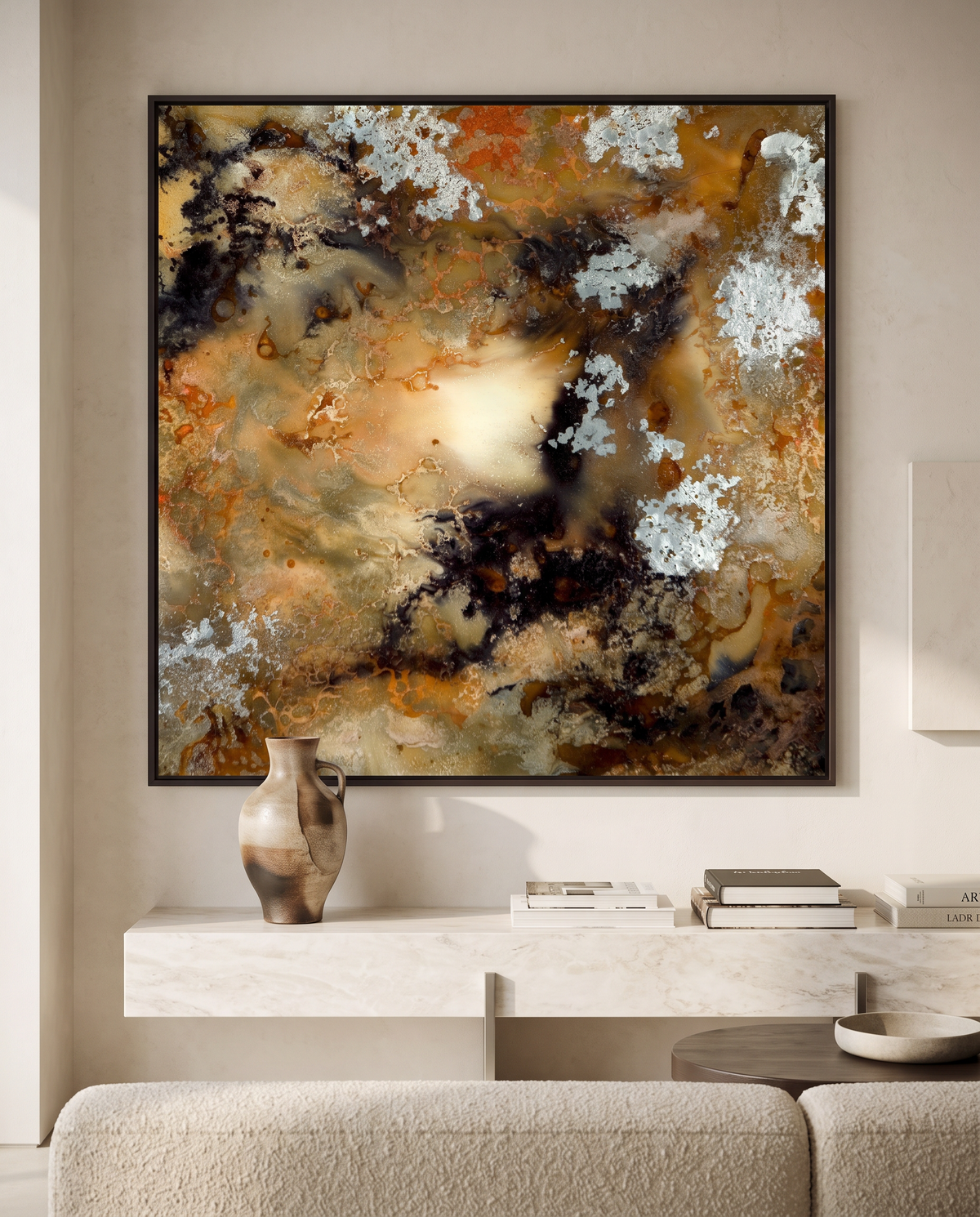 Hungry Ghosts acrylic print, matte, espresso near-black floater frame, modern luxury living room #Frame_Espresso