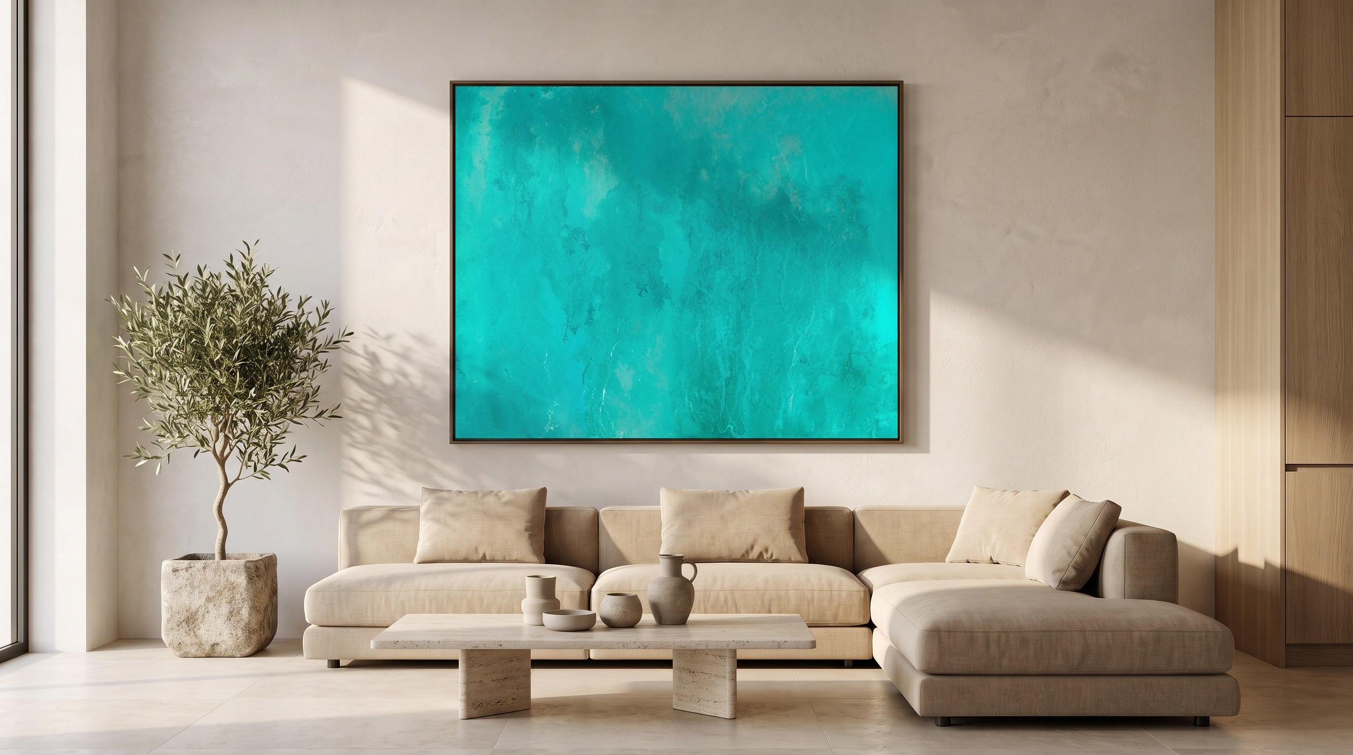 Turquoise — 2026 original, 60 x 48 in, in a coastal great room, House of Moen