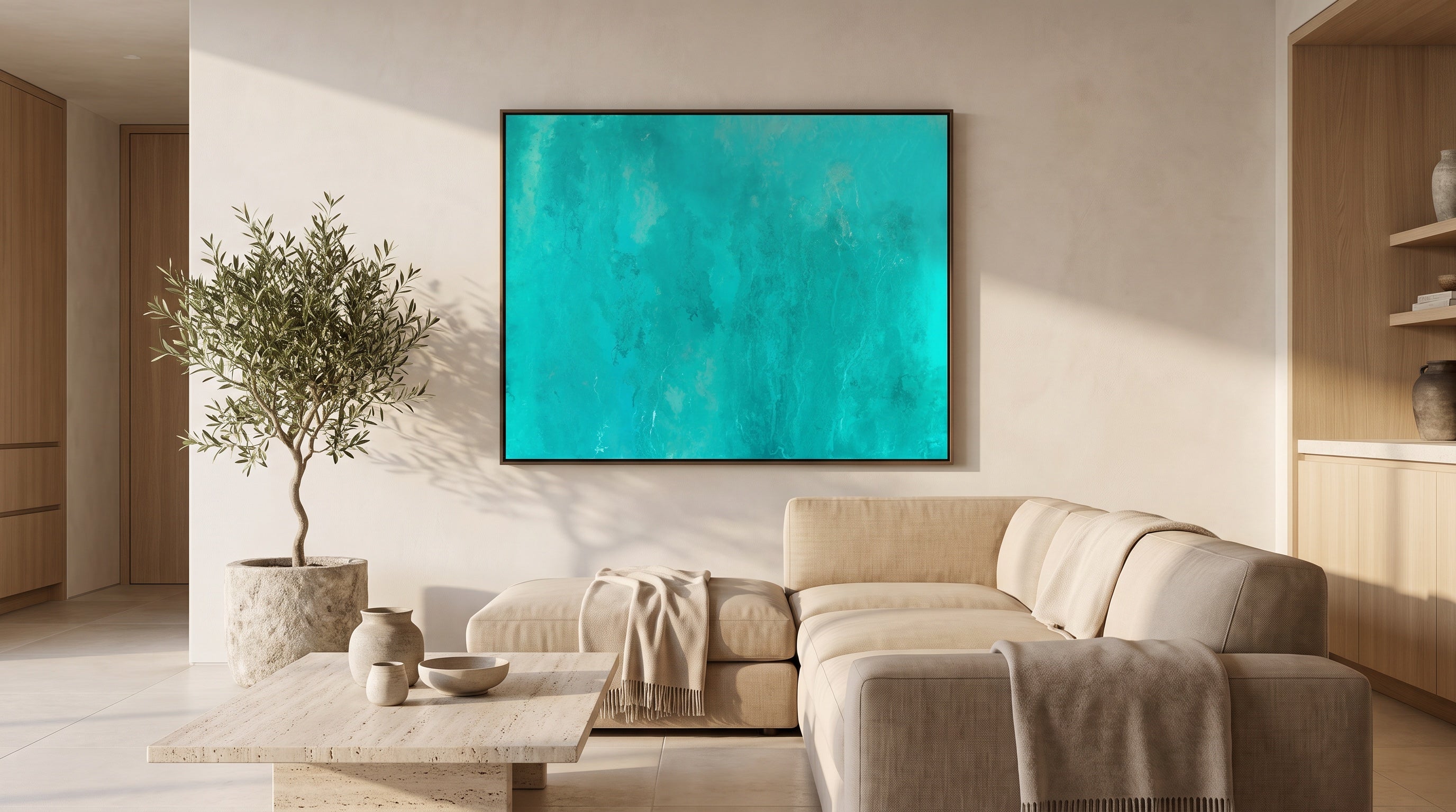 Turquoise — 2026 original, 60 x 48 in, styled in a modern living room, House of Moen