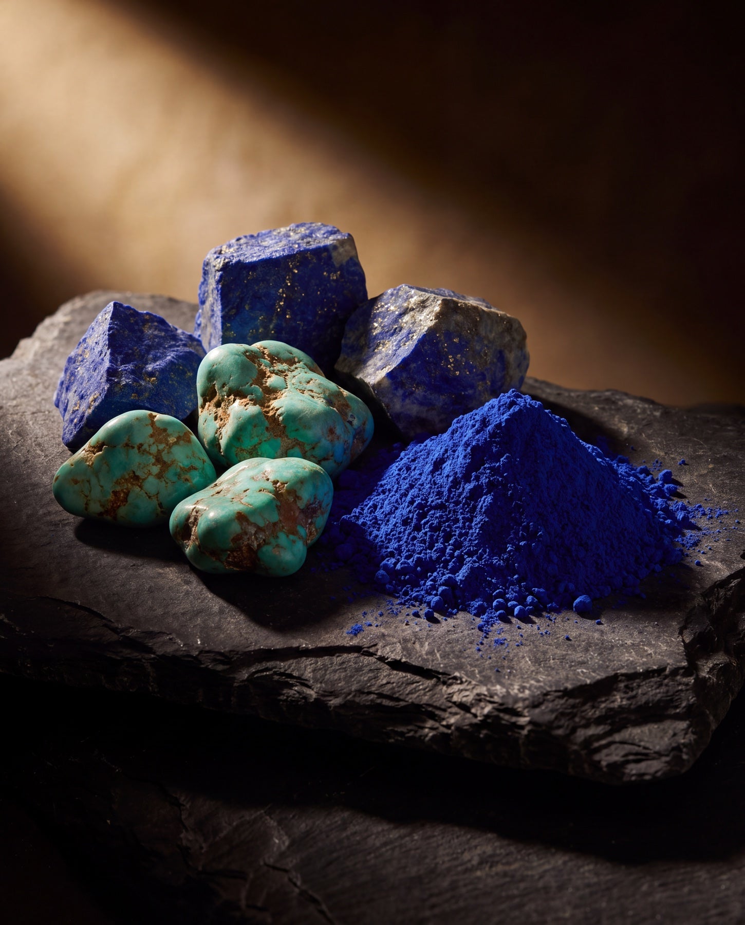 Raw lapis lazuli and turquoise beside ground blue pigment, the stone House of Moen paints with